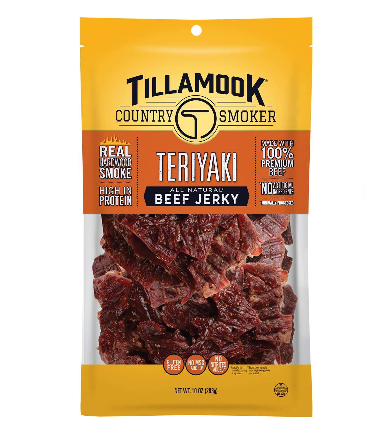 Tillamook Country Smoker teriyaki beef jerky 10oz package with smoky aroma, a premium snack.