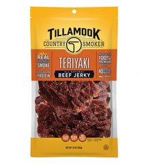 Tillamook Country Smoker teriyaki beef jerky 10oz package with smoky aroma, a premium snack.