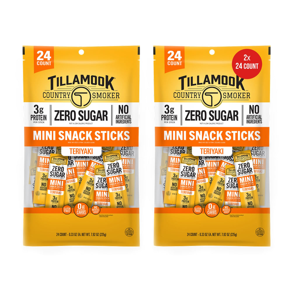 Tillamook Country Smoker Teriyaki Mini Sausages packaging, grab-and-go zero sugar snack.