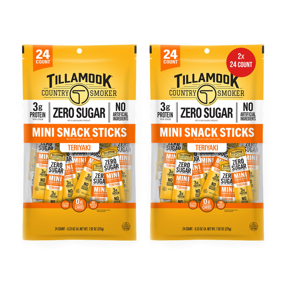 Tillamook Country Smoker Teriyaki Mini Sausages packaging, grab-and-go zero sugar snack.