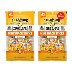 Tillamook Country Smoker Teriyaki Mini Sausages packaging, grab-and-go zero sugar snack.