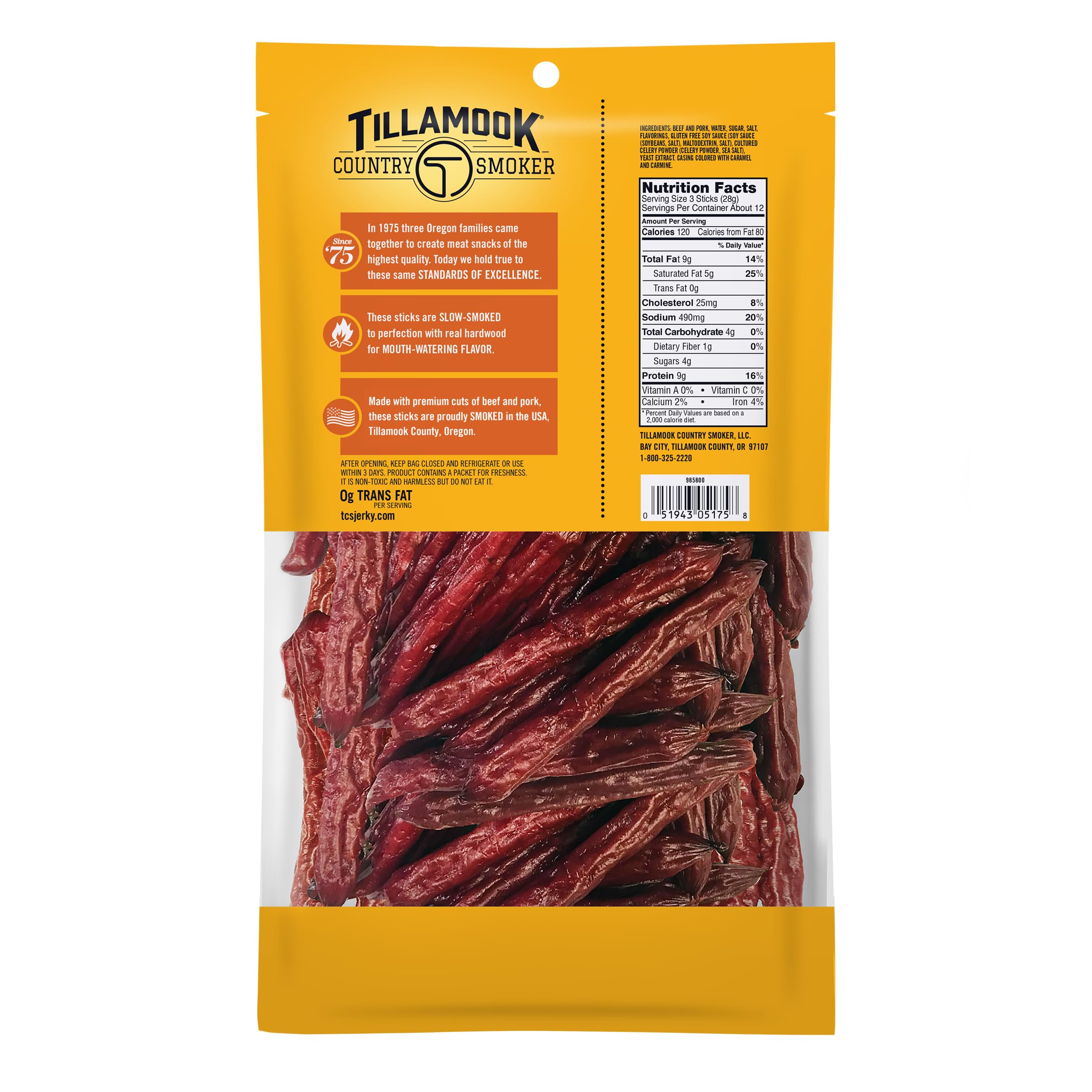 Close-up of Tillamook Country Smoker Teriyaki sausages with savory glaze.