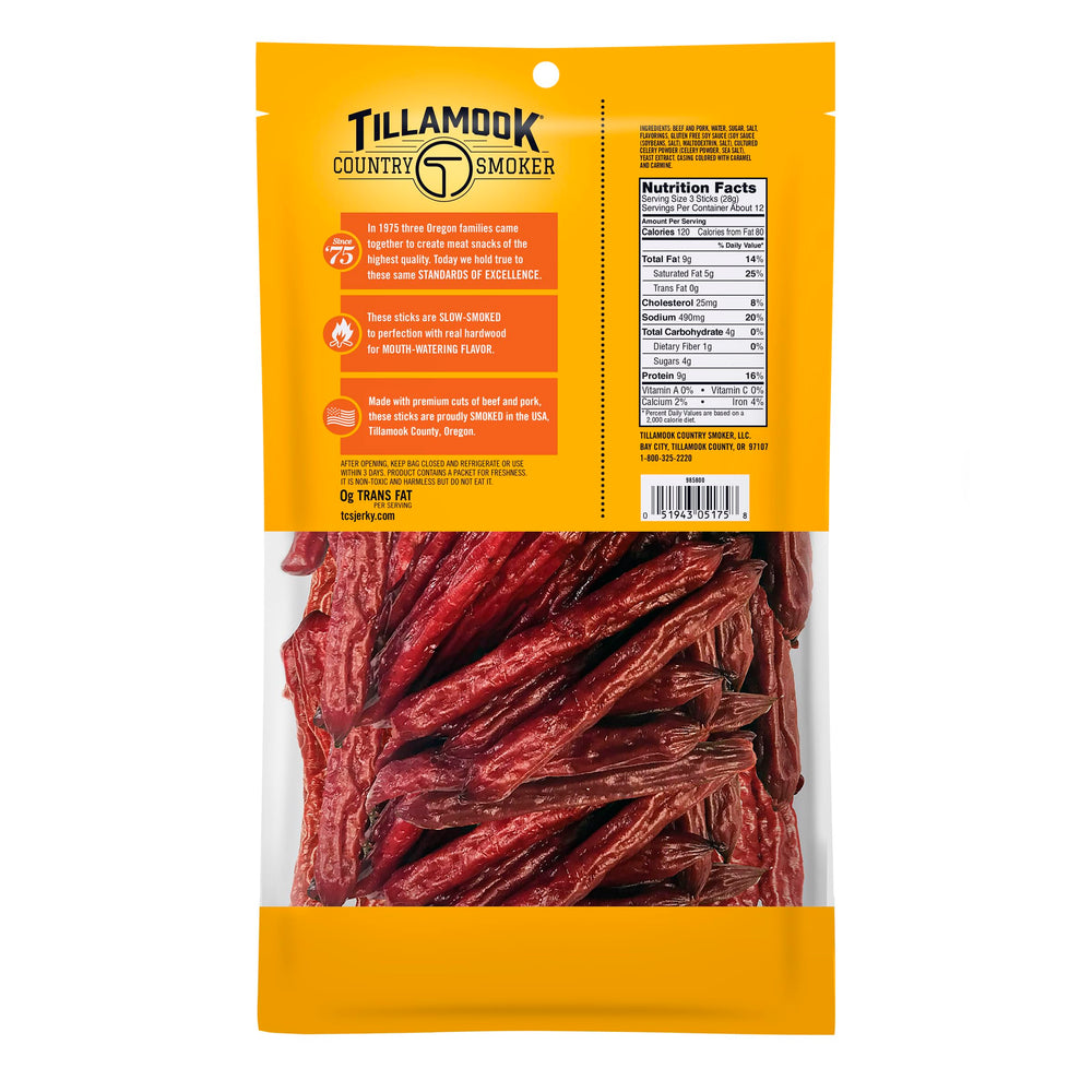 Close-up of Tillamook Country Smoker Teriyaki sausages with savory glaze.