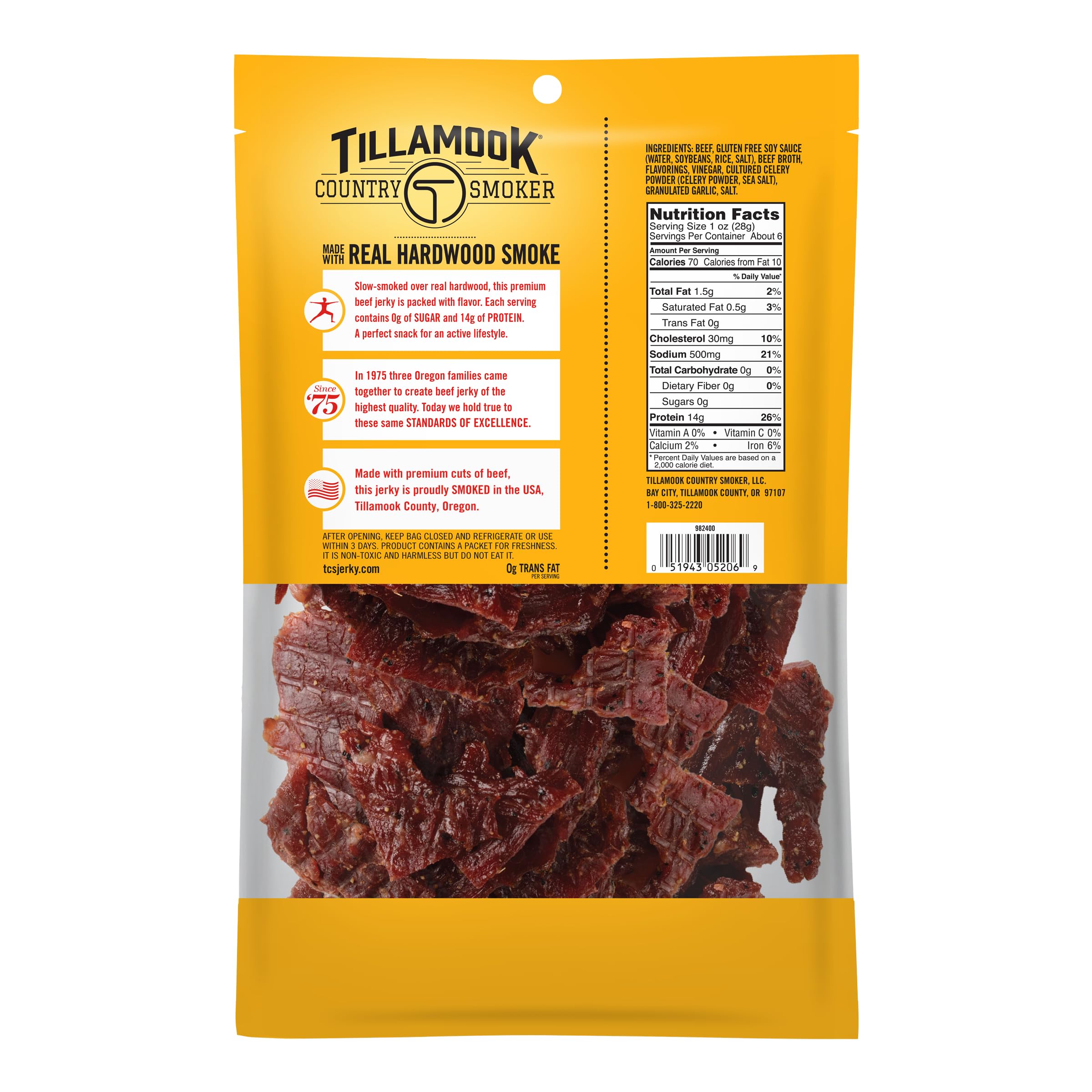 Tillamook Country Smoker zero sugar original jerky back of pack showing ingredients