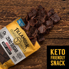 Tillamook Country Smoker zero sugar original jerky pull-out slice showing tender pieces