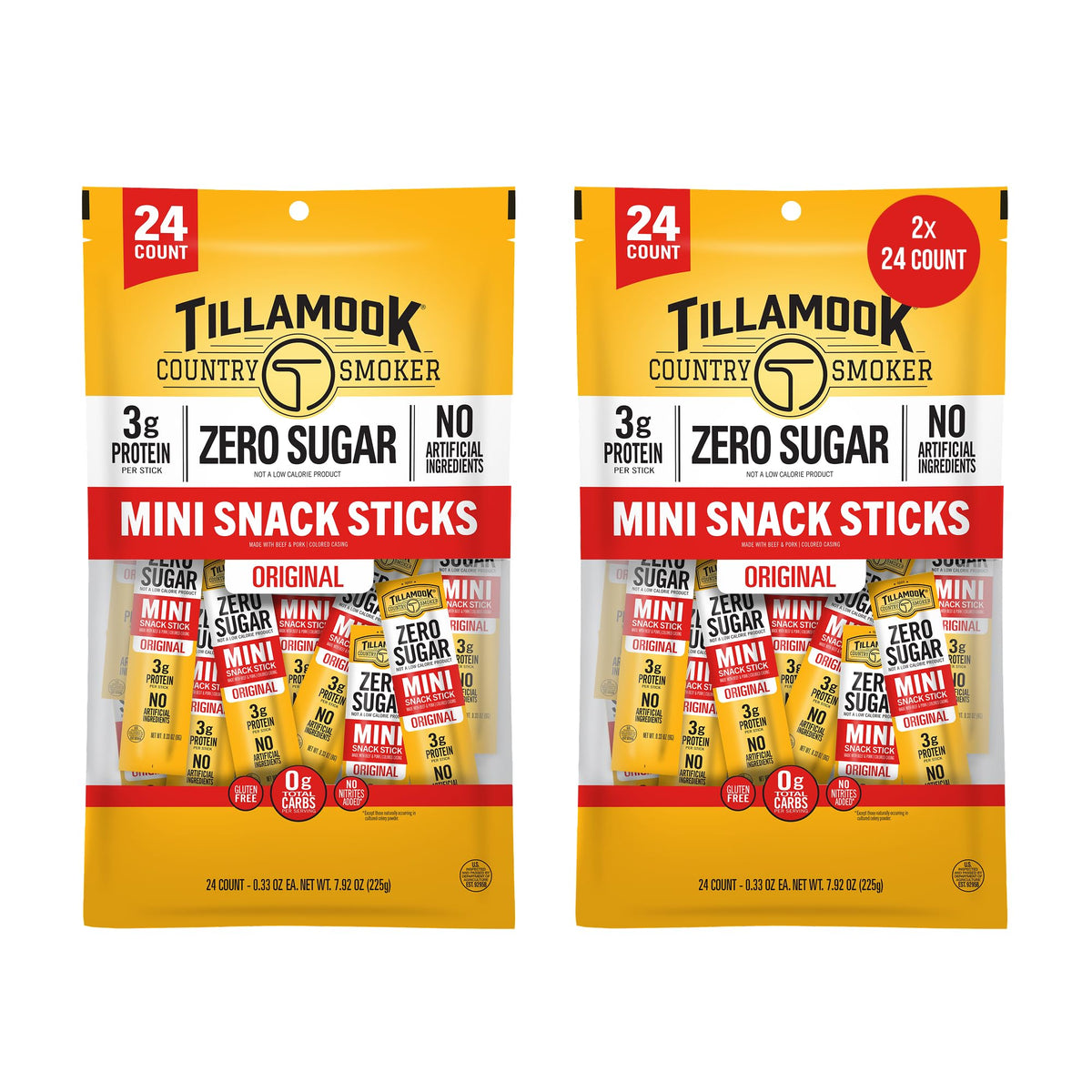 Tillamook Country Smoker zero sugar mini sausages packaging for on-the-go snacking.