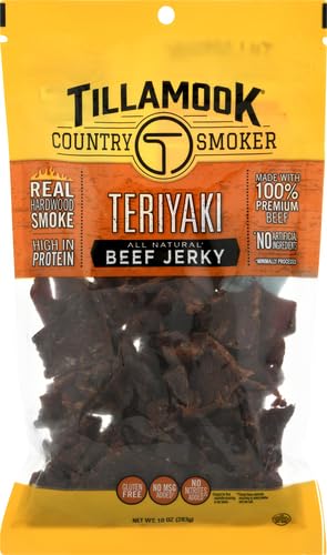 Tillamook teriyaki beef jerky sliced close-up showing texture and flavor.