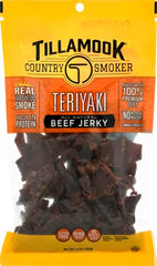 Tillamook teriyaki beef jerky sliced close-up showing texture and flavor.