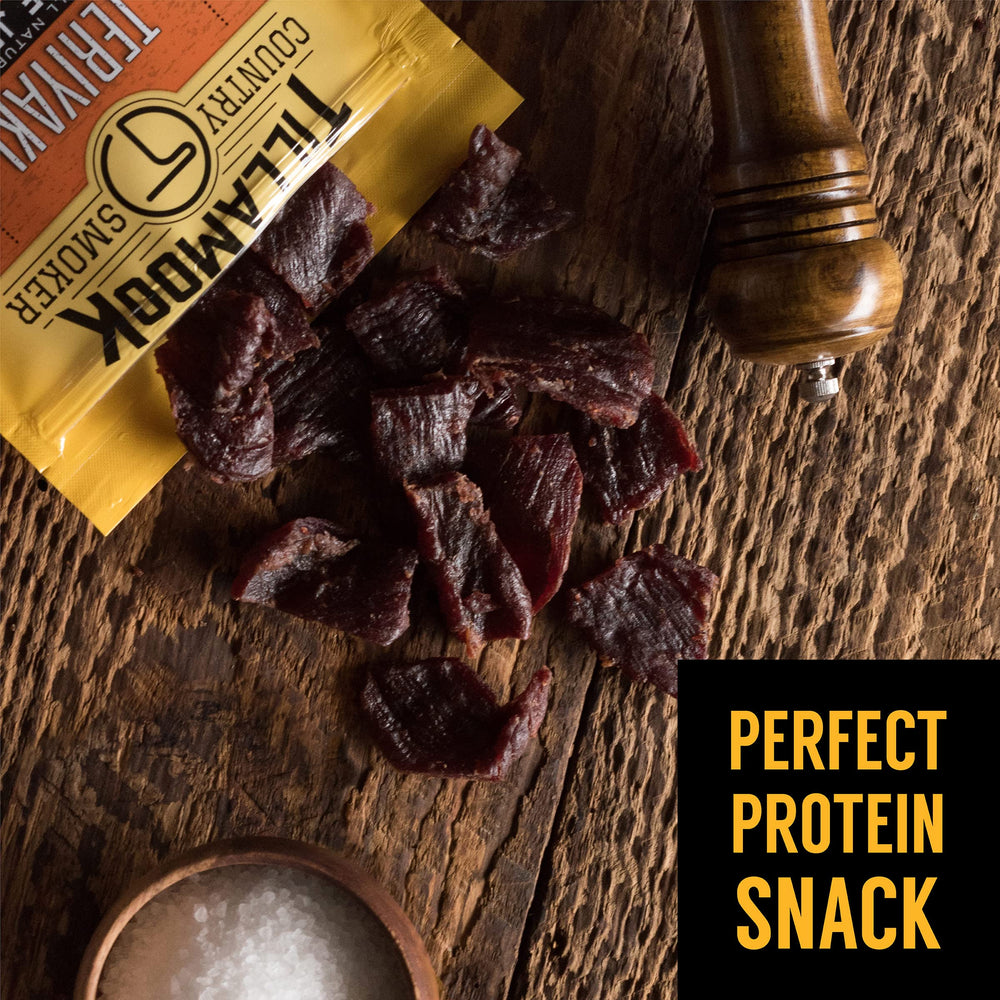 Beef jerky prepared with real hardwood smoke for robust, savory Teriyaki notes.