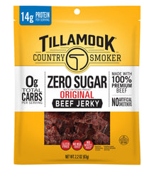 Tillamook Zero Sugar Original Jerky bottle shows portable, high-protein snack.