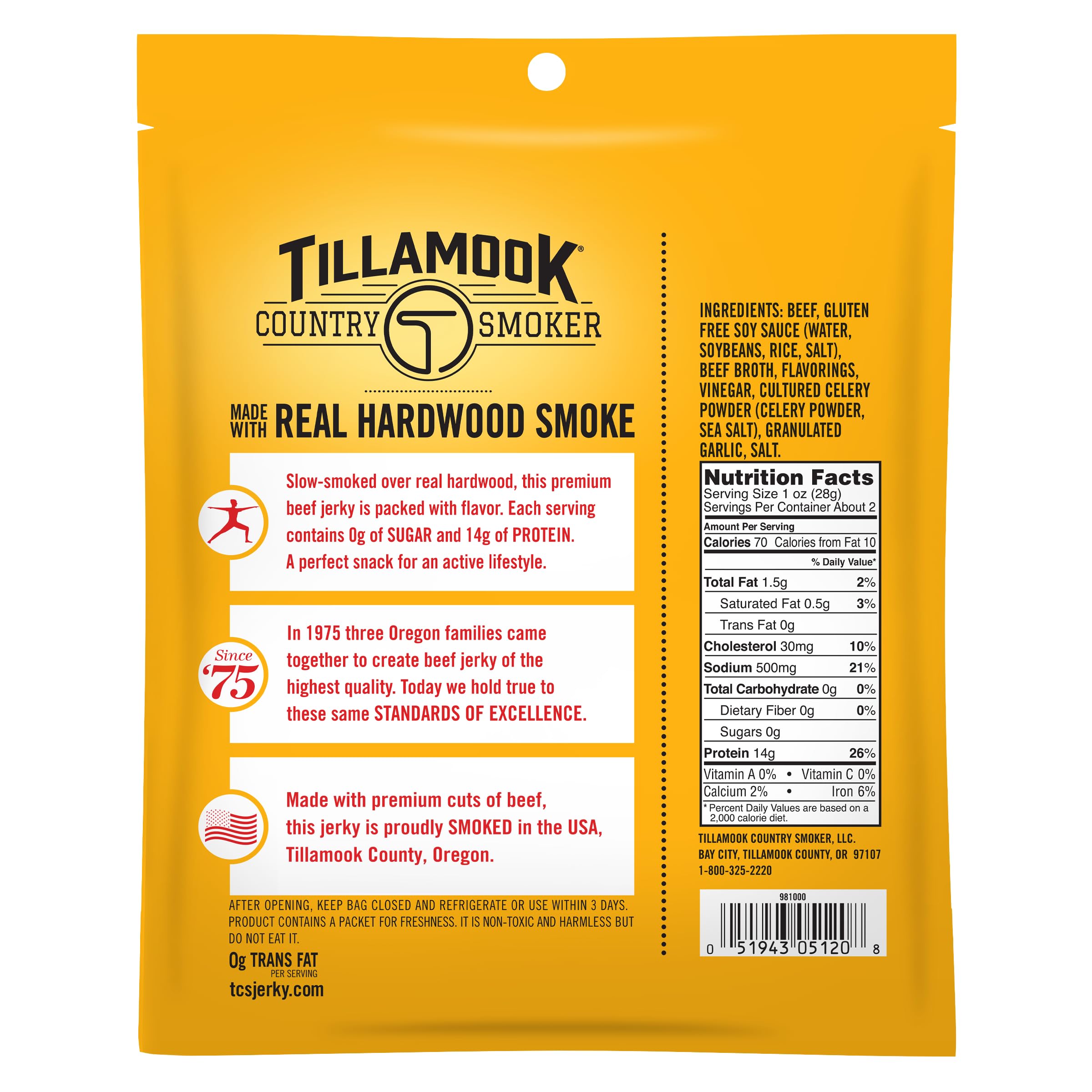 Tillamook Zero Sugar Original Jerky package highlights zero sugar formula.