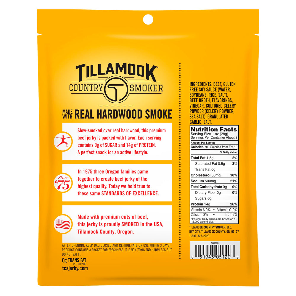 Tillamook Zero Sugar Original Jerky package highlights zero sugar formula.