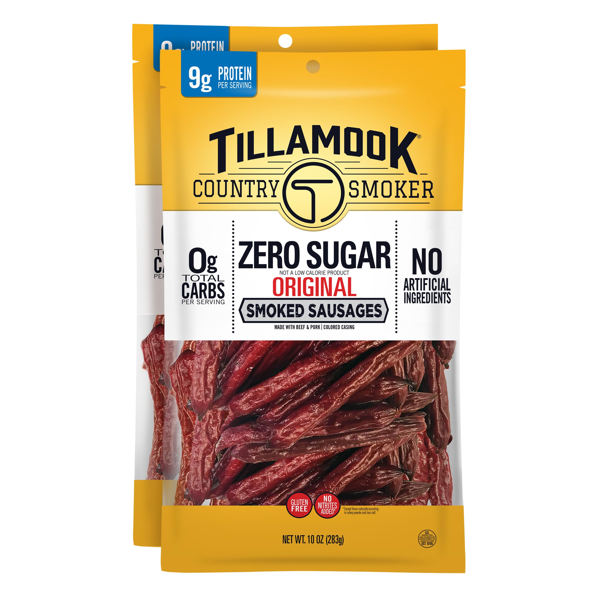 Tillamook Zero Sugar Original Smoked Sausages on display, keto-friendly fueling