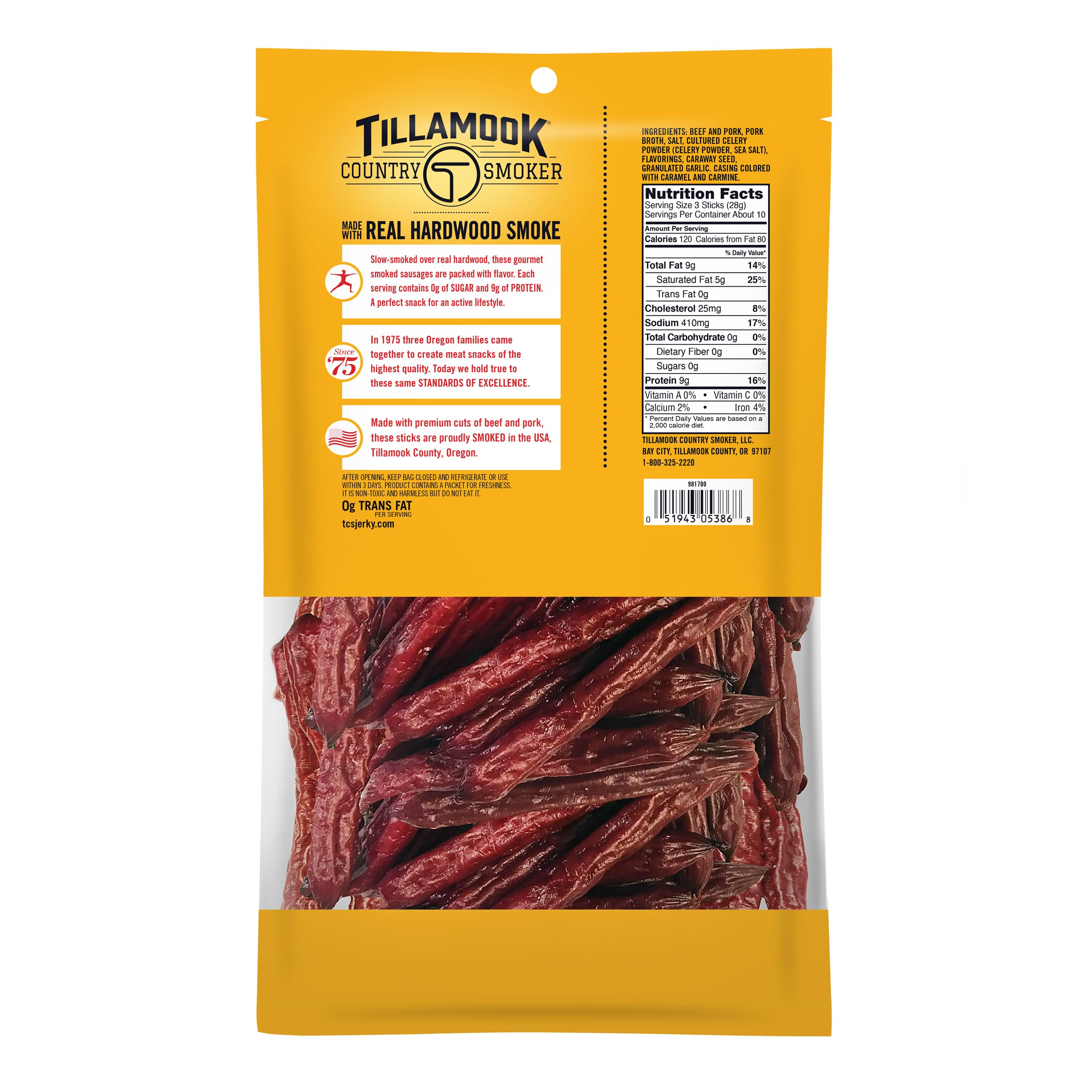 Sliced Tillamook sausages on a board showcasing hardwood smoke flavor