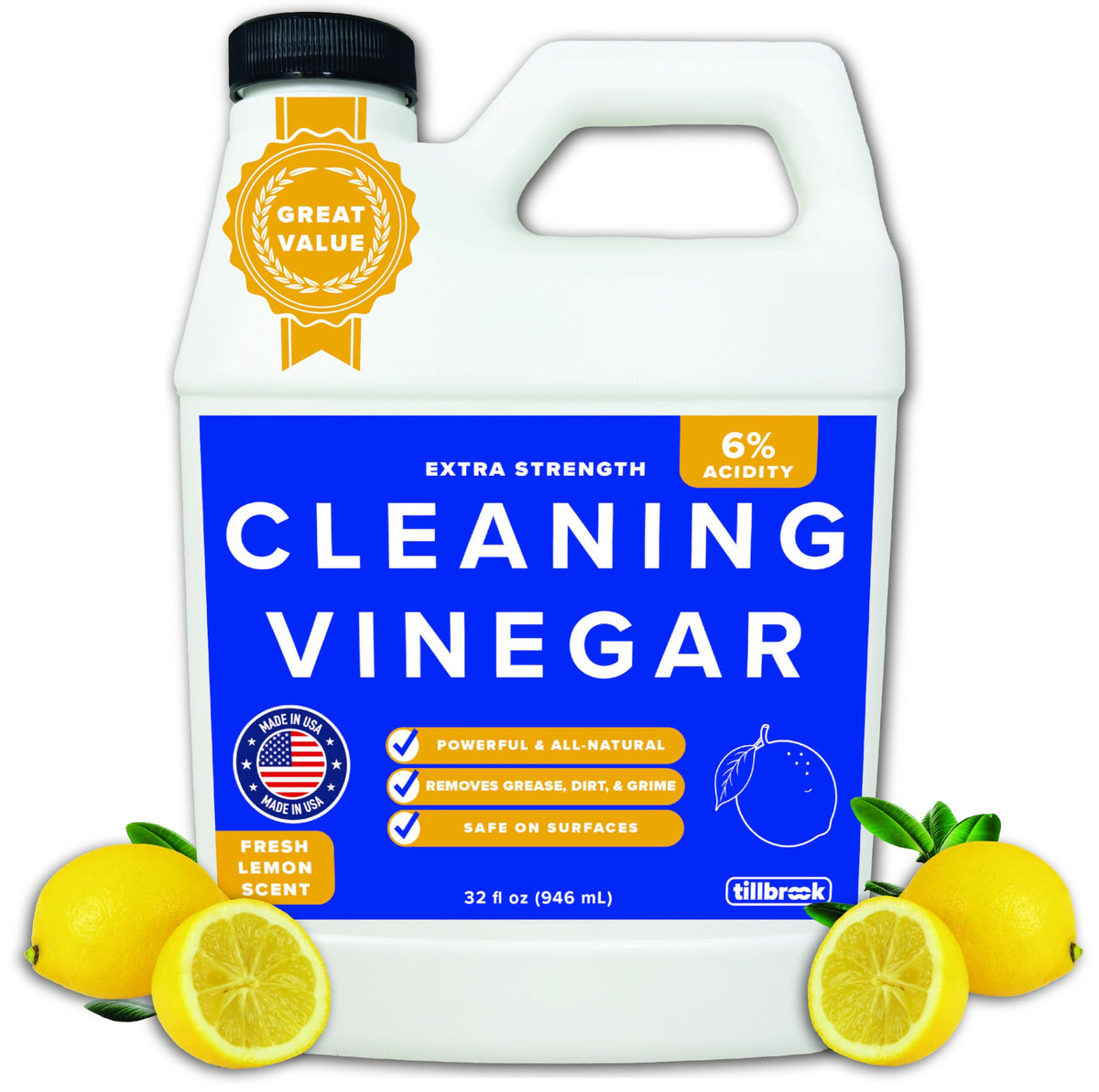 Tillbrook Cleaning Vinegar lemon bottle 32oz ready for powerful surface cleaning