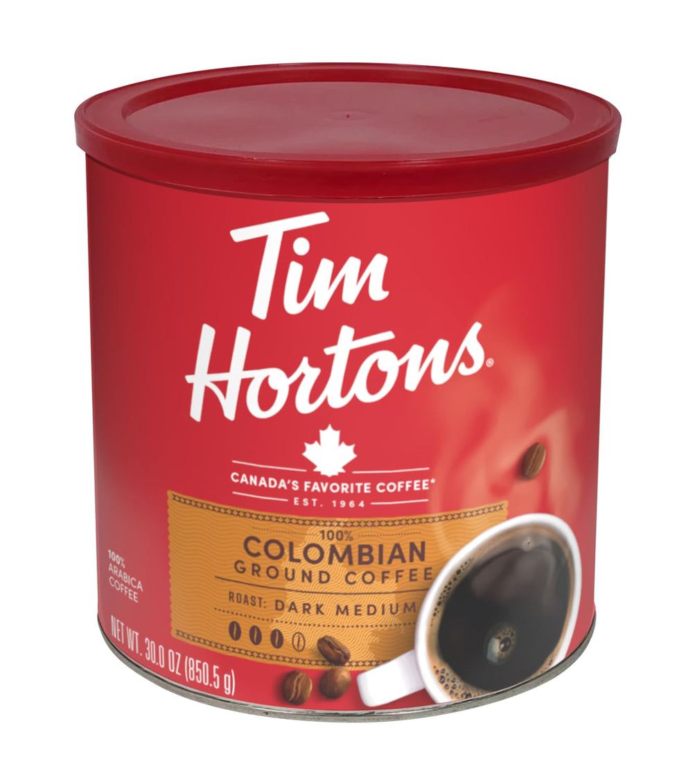 Tim Hortons Colombian ground coffee can 30 oz with fresh aroma for daily brewing.
