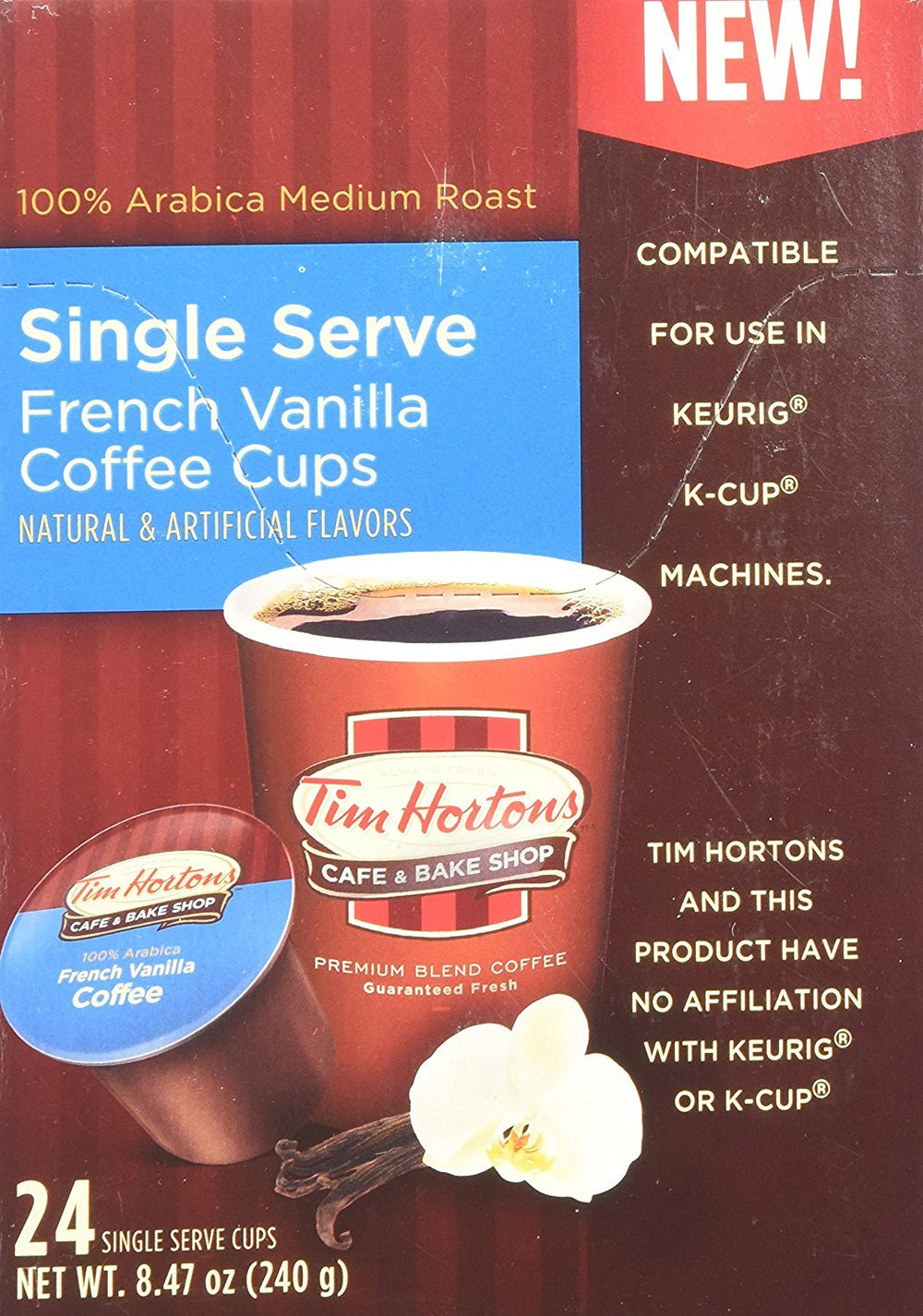 Signature Tim Hortons lineup with French vanilla and other beverages.
