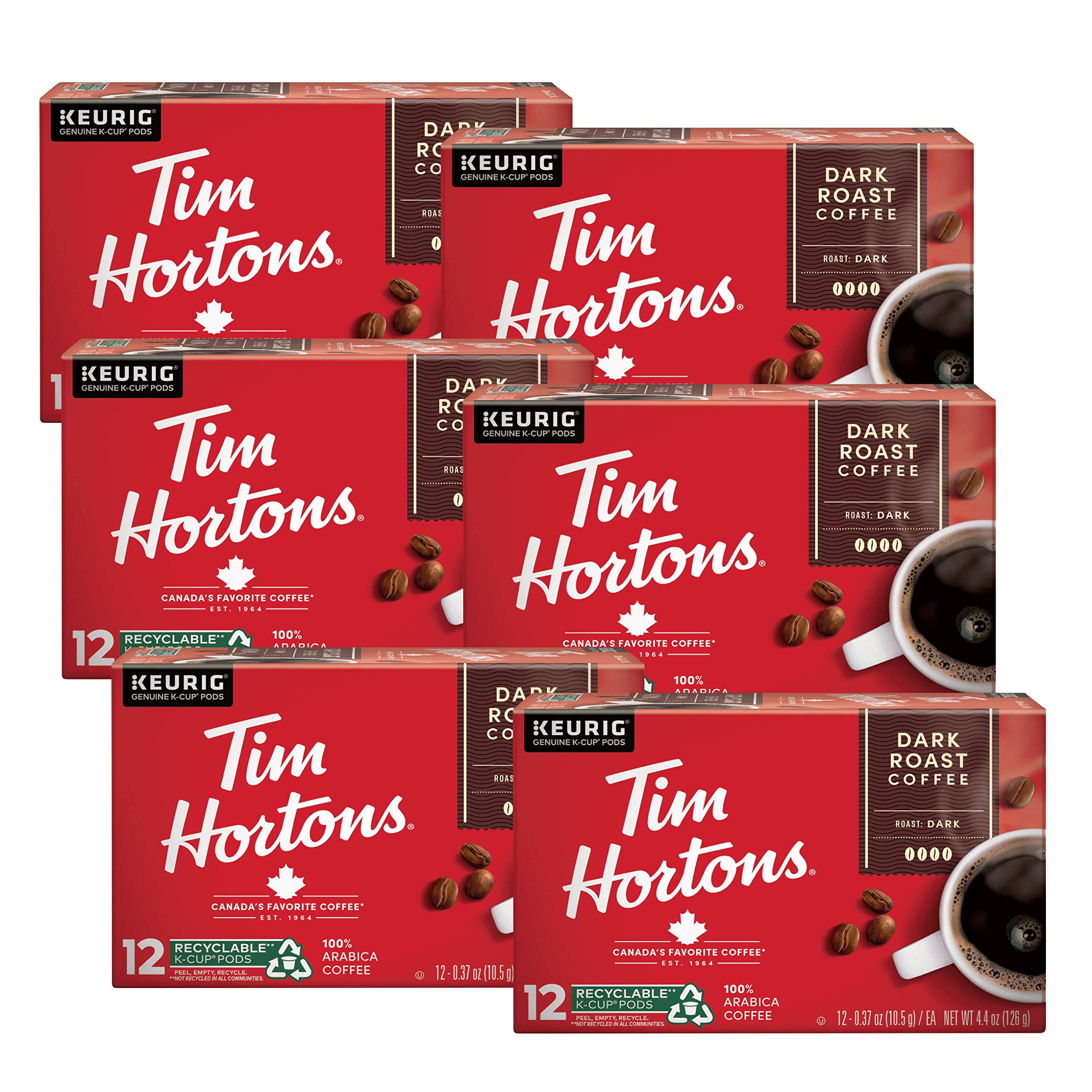 Tim Hortons Dark Roast K-Cup pod close-up for a quick, rich cup.