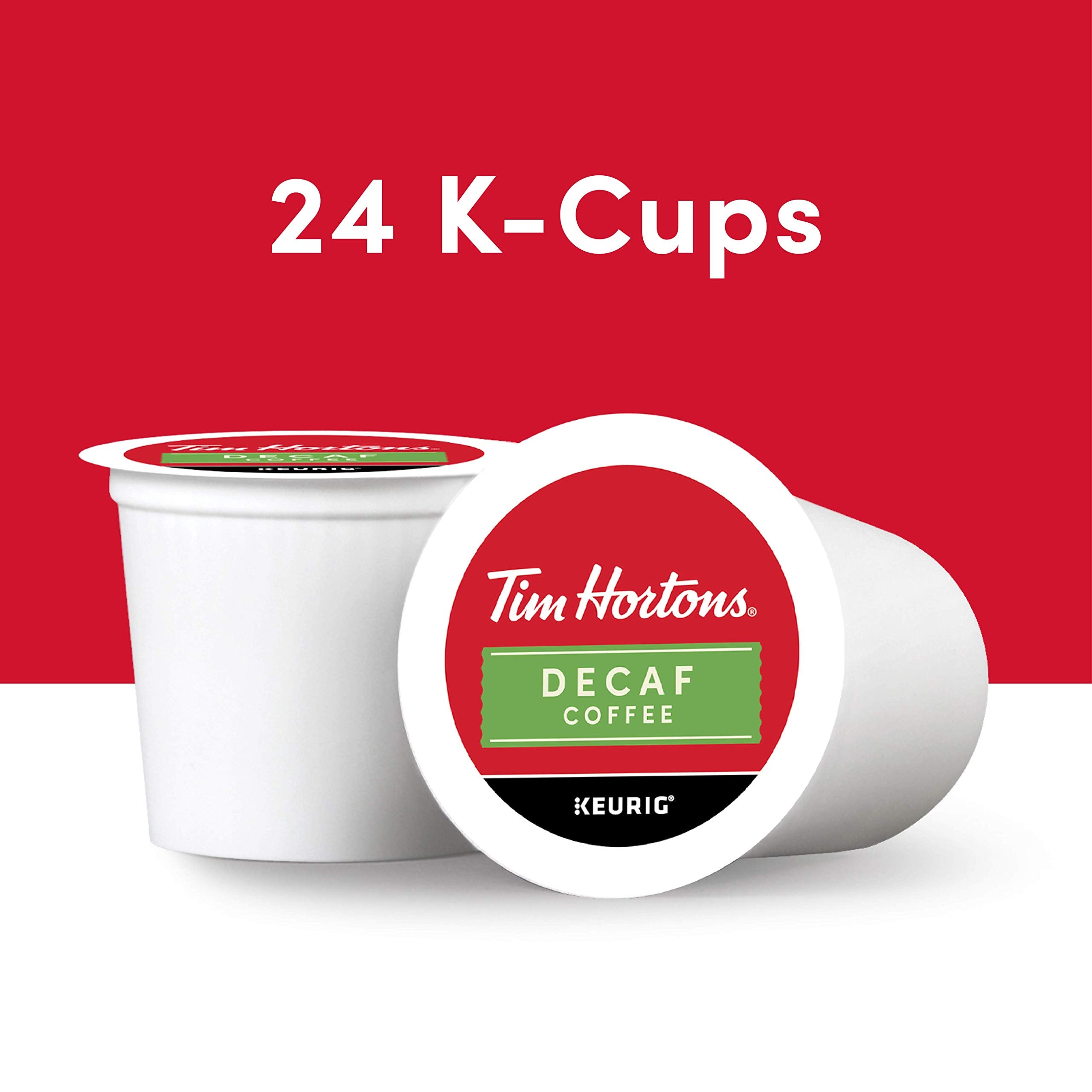 Tim Hortons decaf K-Cup cup pouring to show convenient brewing.