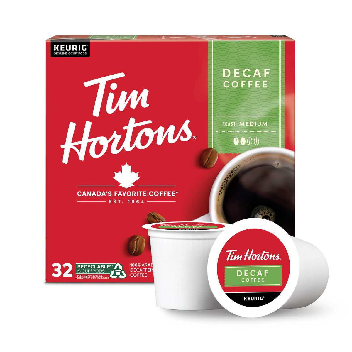 Tim Hortons decaf medium roast pod closeup for a smooth morning cup.