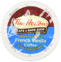 Tim Hortons French Vanilla K-Cup pod on a kitchen counter, cozy café vibes at home.