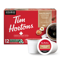 Tim Hortons hazelnut K-Cup in red packaging, ready for cozy mornings
