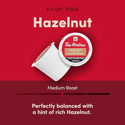 Tim Hortons hazelnut K-Cup placed in cup with steaming brew