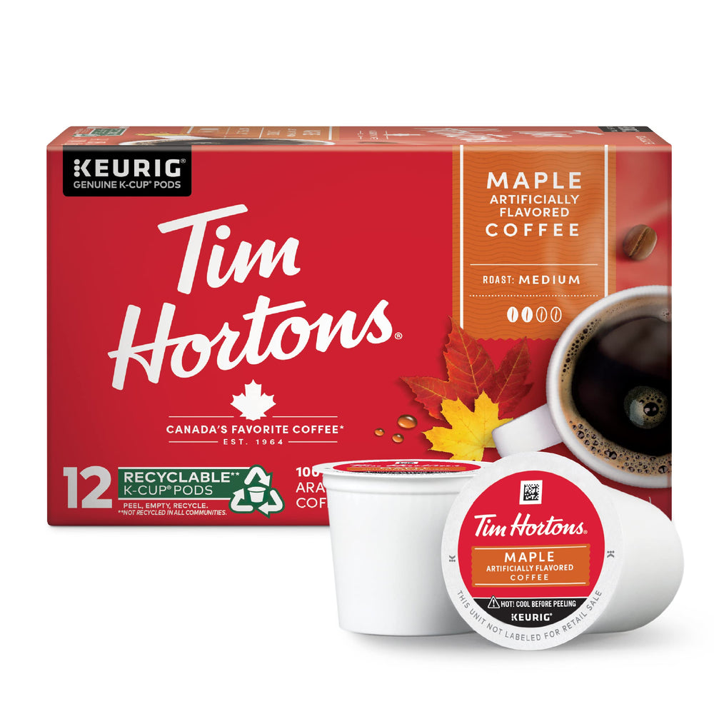 Tim Hortons maple flavored coffee pods in red packaging ready to brew.