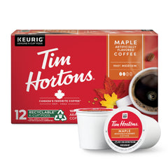 Tim Hortons maple flavored coffee pods in red packaging ready to brew.