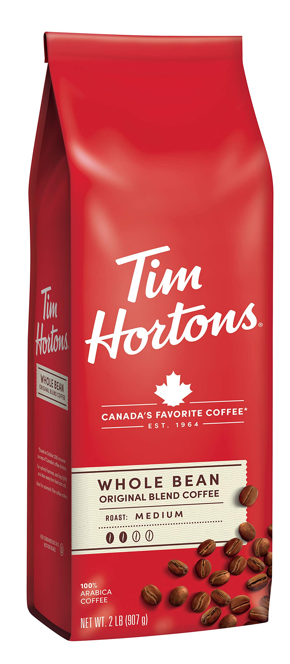Tim Hortons Original whole bean bag 32oz, ready for fresh grind at home