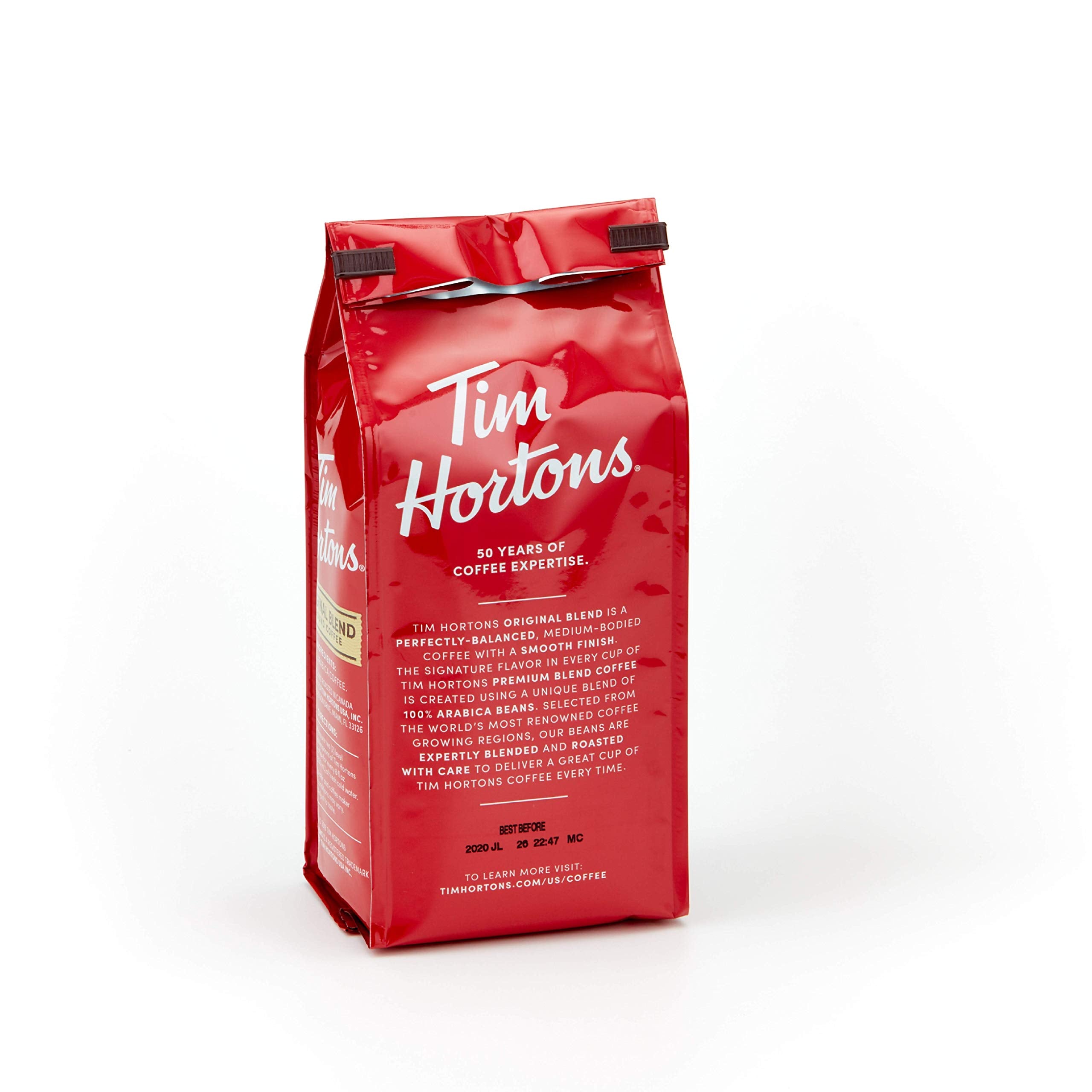 Tim Hortons Original Blend arabica beans closeup, showcasing quality sourcing for consistent flavor.
