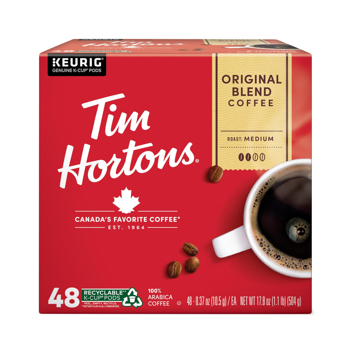 Tim Hortons Original Blend K-Cup pods in a 48-count pack for Keurig brewing