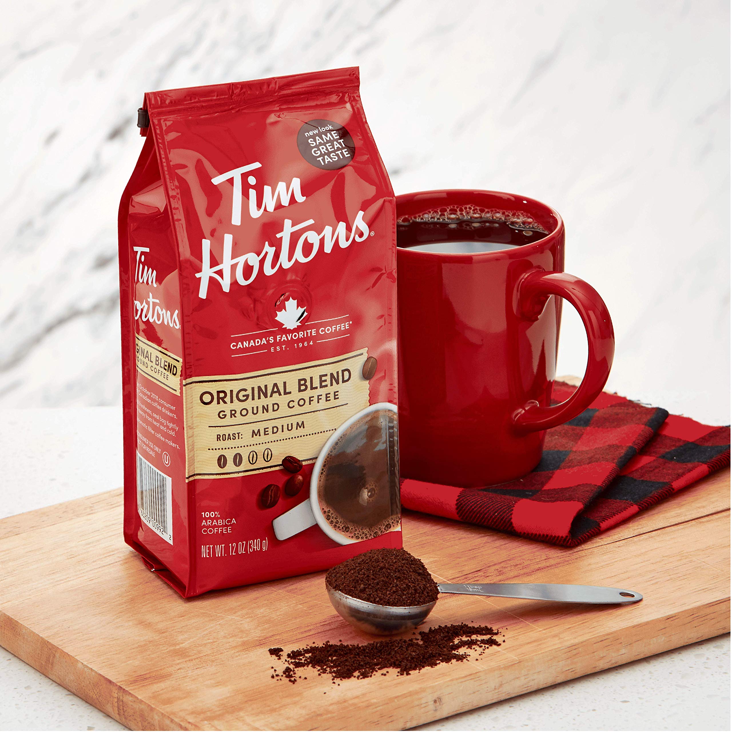 Tim Hortons Original Blend label detail, showing 100 percent Arabica and roast date.