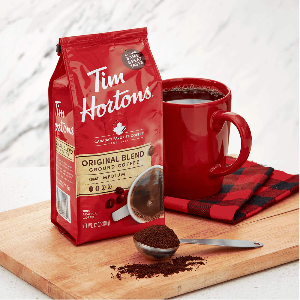 Tim Hortons Original Blend label detail, showing 100 percent Arabica and roast date.