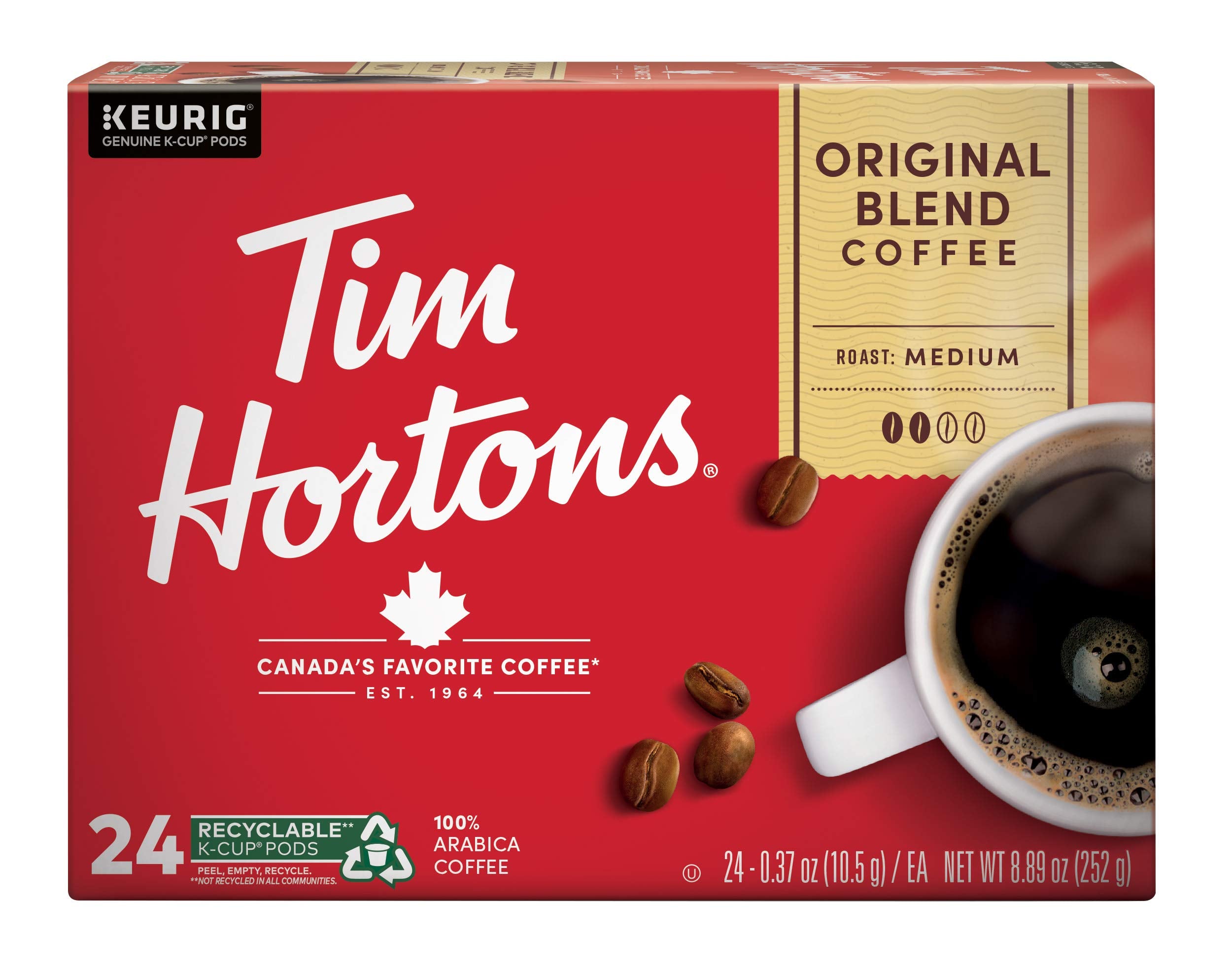 Tim Hortons Original Blend mug steaming after brewing.
