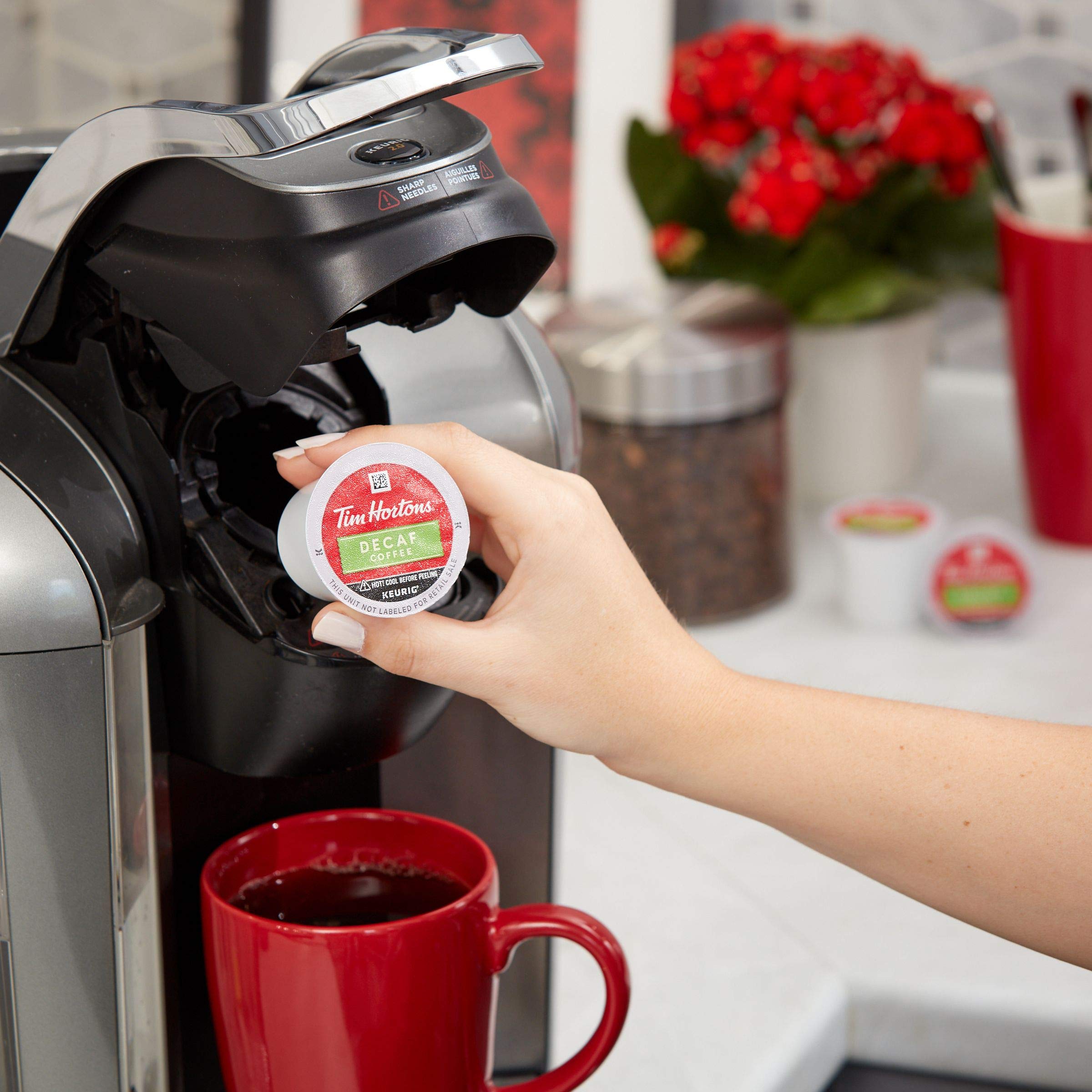 Tim Hortons Original Blend pods on shelf for quick mornings.