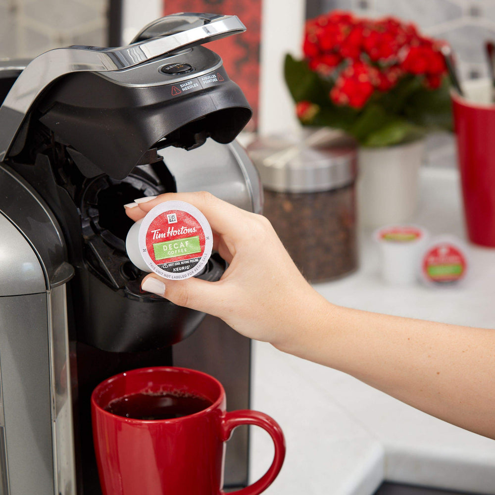 Tim Hortons Original Blend pods on shelf for quick mornings.