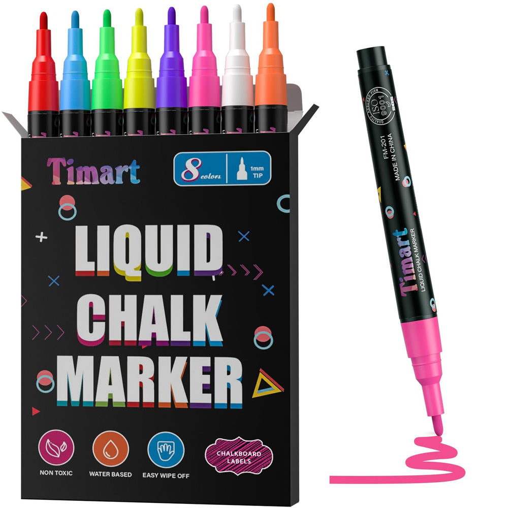 Timart extra fine tip chalk marker with 1mm precision for crisp glass writing.