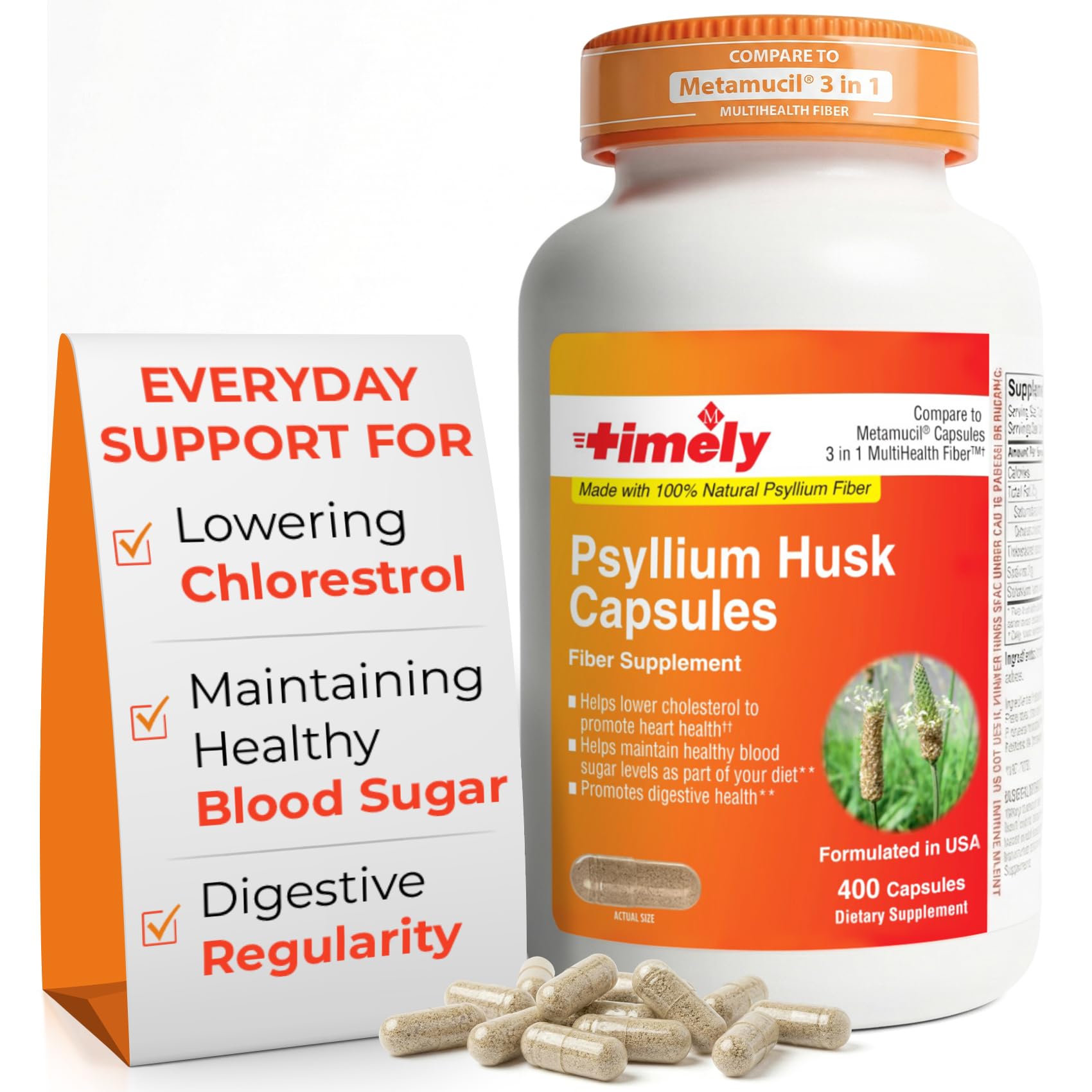 TIME-CAP LABS psyllium husk capsules bottle front for daily fiber support.