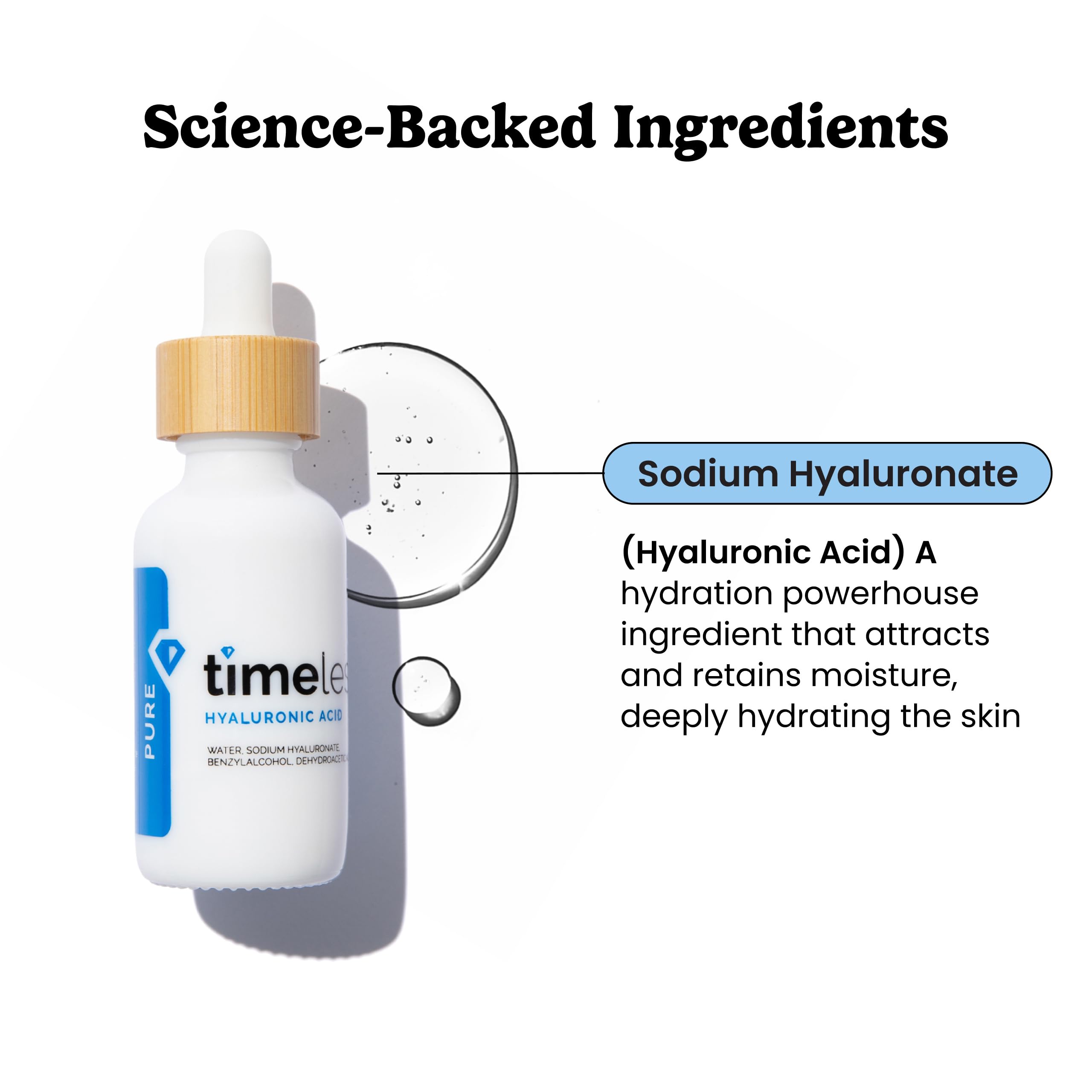 Timeless Skin Care hyaluronic serum pump—weightless hydration for daily use.