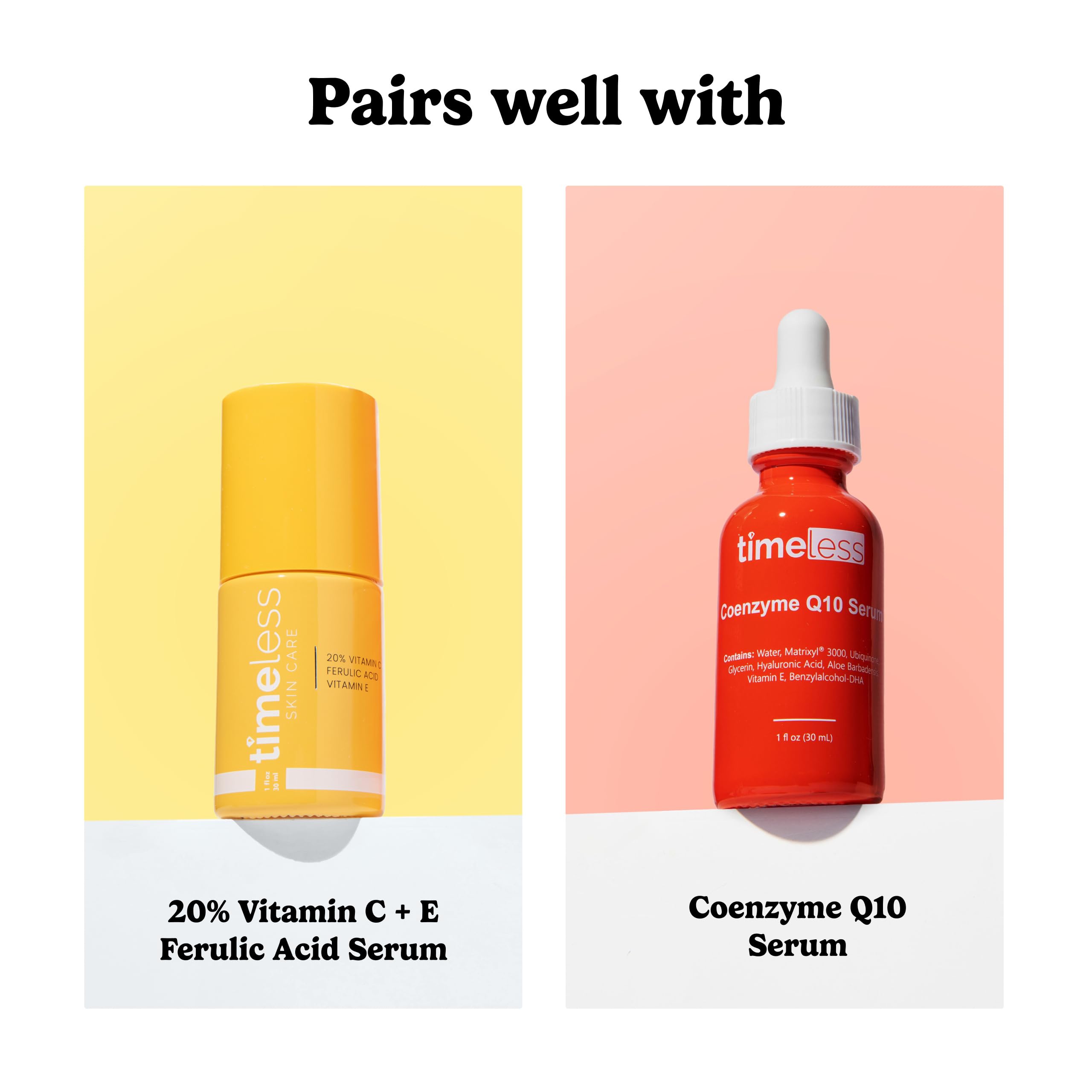 Flatlay of Timeless Skin Care serum packaging emphasizing clean, fragrance-free care.