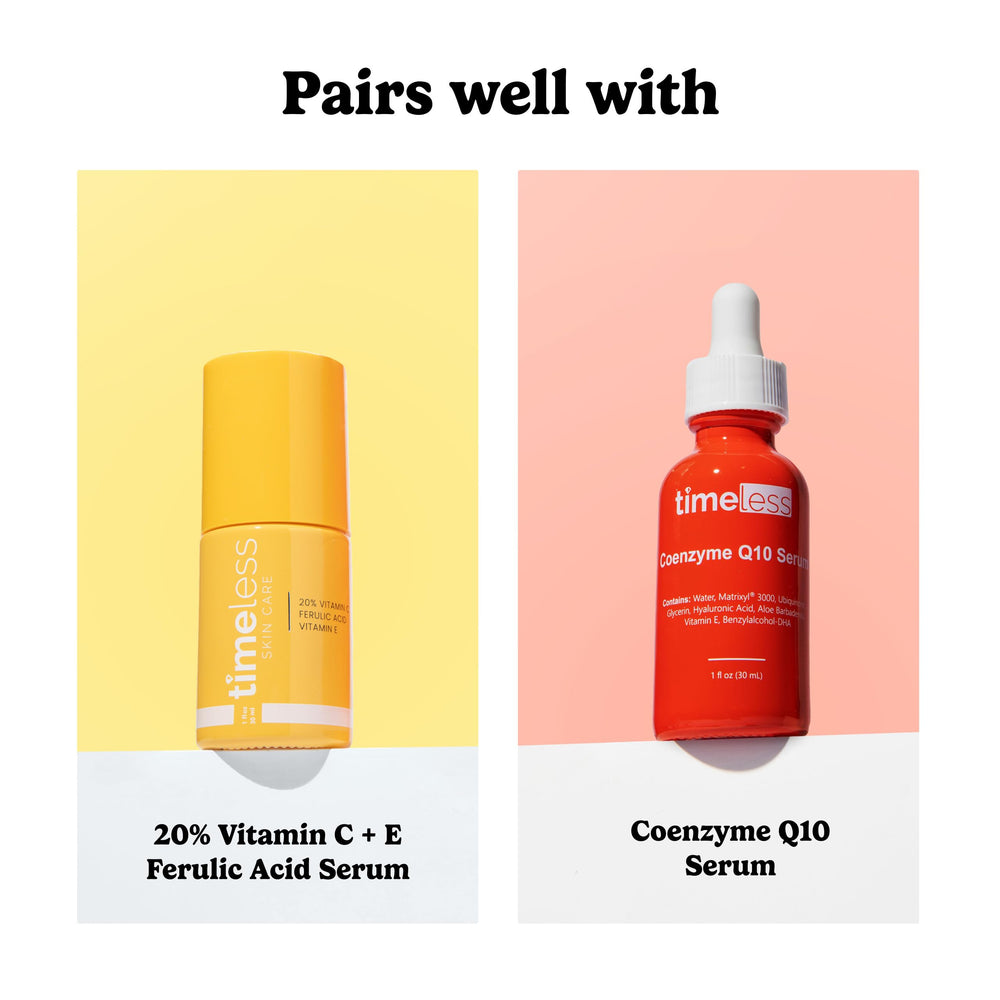 Flatlay of Timeless Skin Care serum packaging emphasizing clean, fragrance-free care.