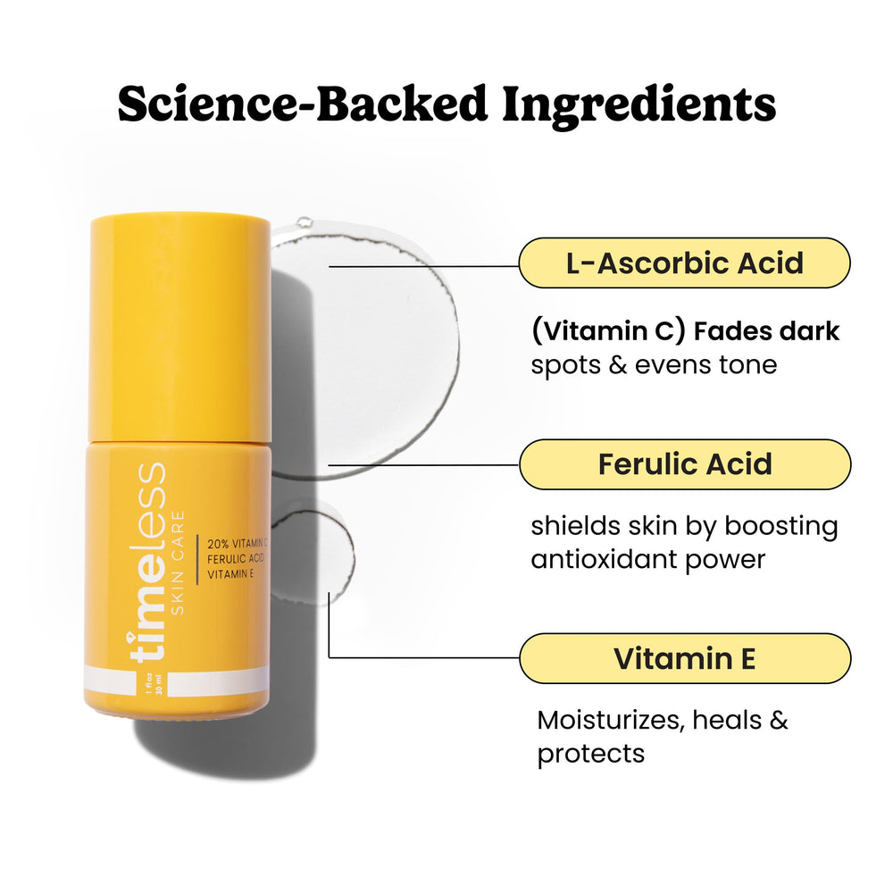 Timeless Skin Care Vitamin C Serum packaging highlights fragrance-free formula