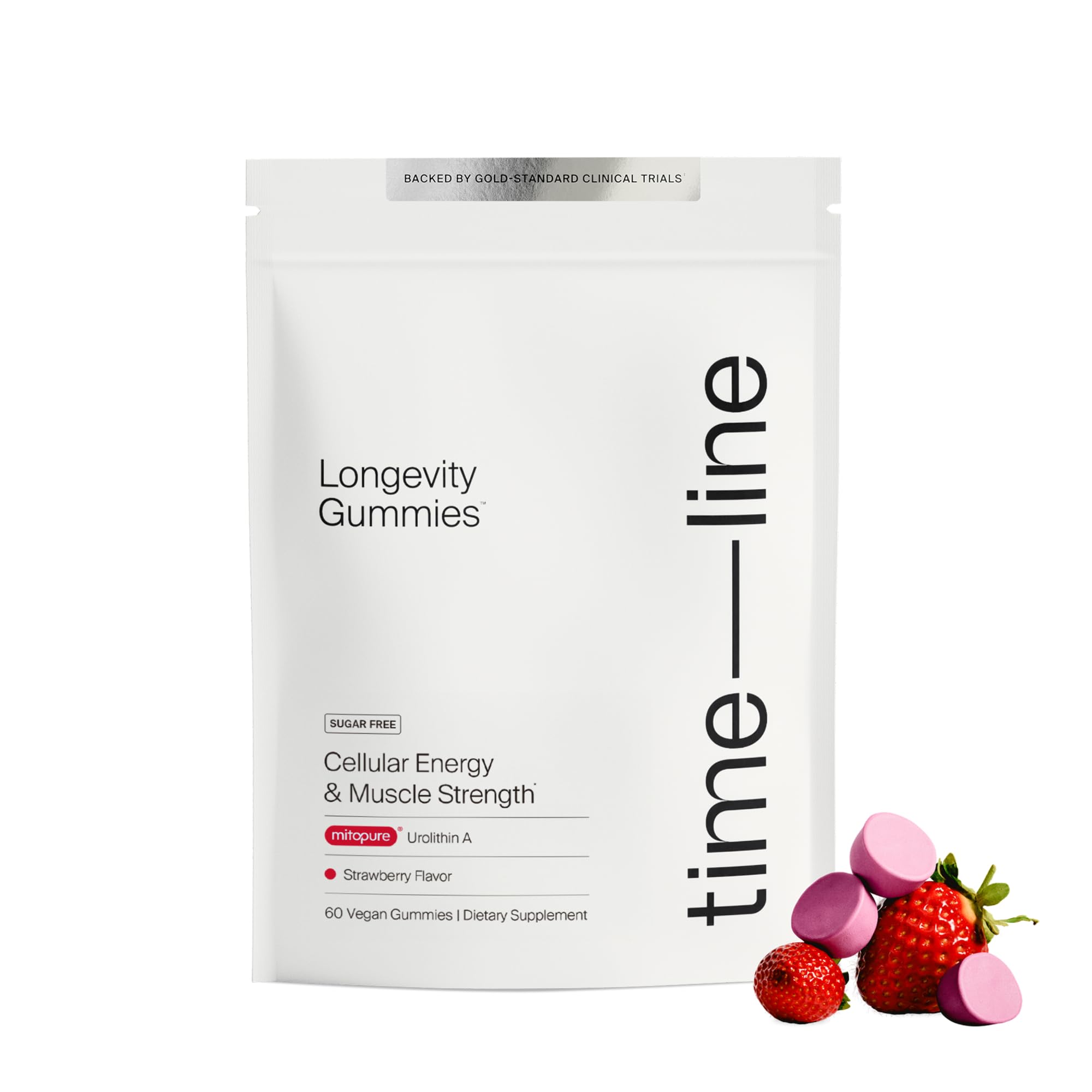 Timeline Mitopure gummies bottle front showing energy support potential
