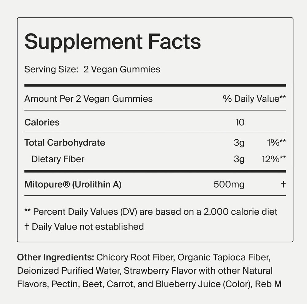 Timeline Mitopure gummies store display suggests daily routine for vitality