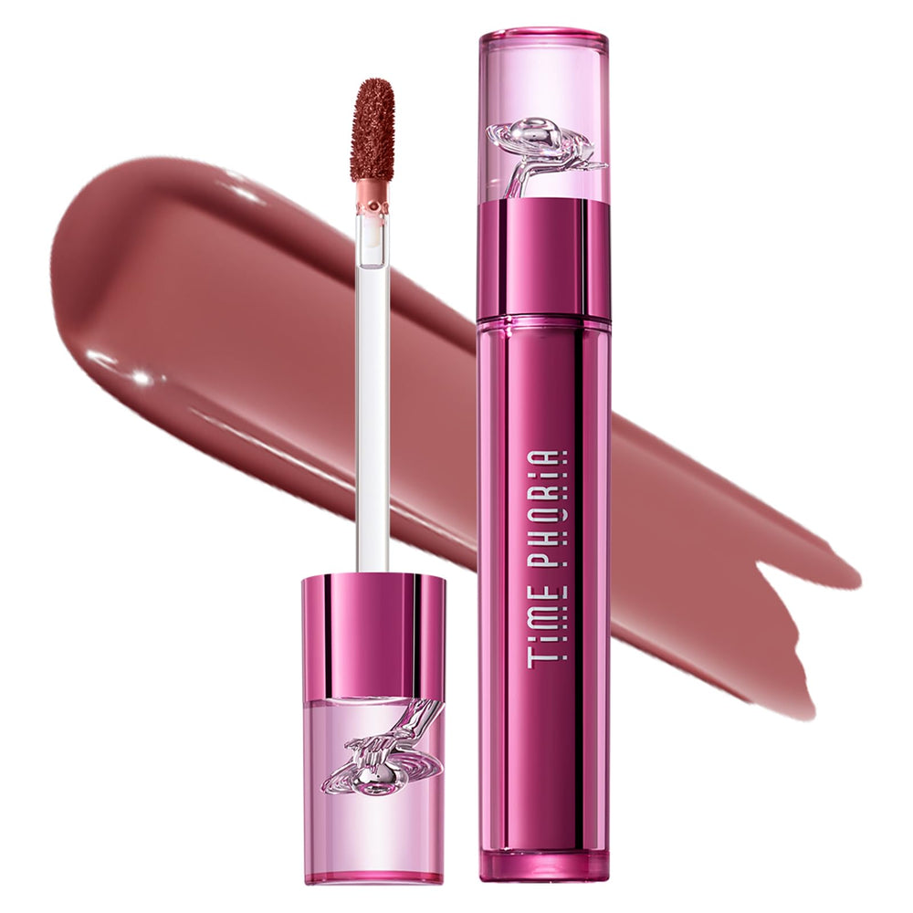 TIMEPHORIA Altera lip stain 012 Hush shows glossy to matte transition on lips