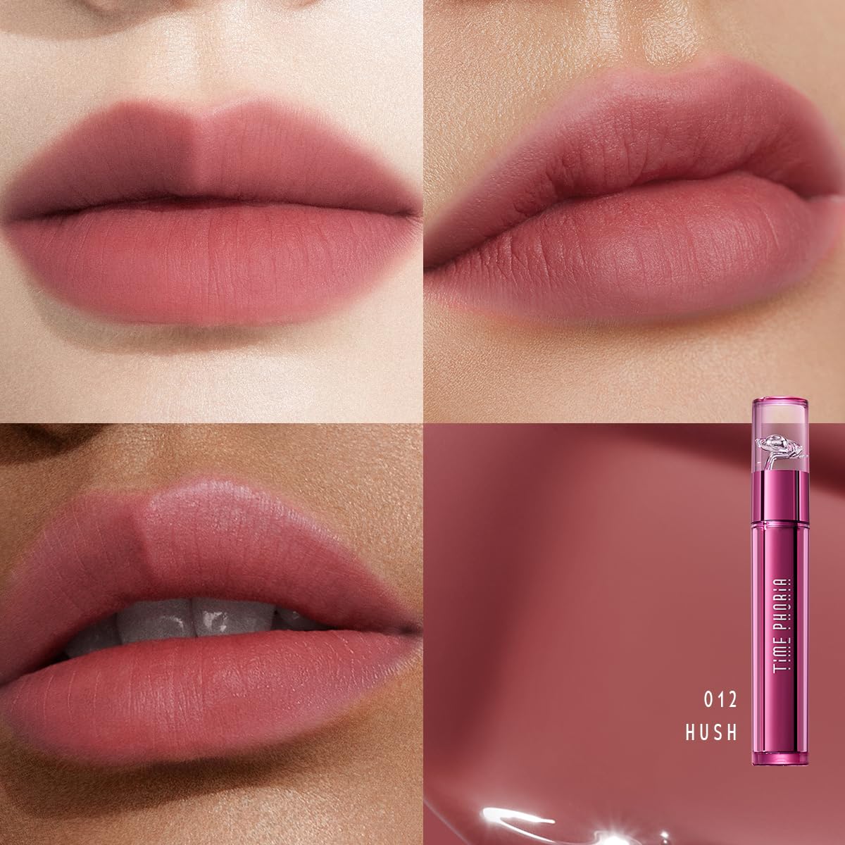 TIMEPHORIA Altera lip stain 012 Hush provides hydrating long wear color