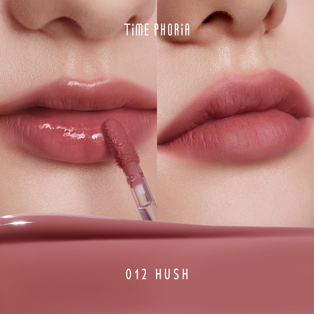 TIMEPHORIA Altera lip stain 012 Hush demonstrates weightless airy velvet texture on lips