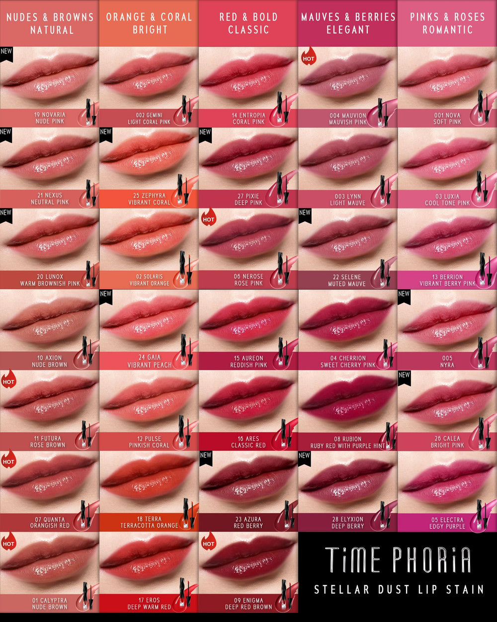 TIMEPHORIA Stellar Dust Lip Stain 09 Enigma glossy finish highlights dimensional shine.