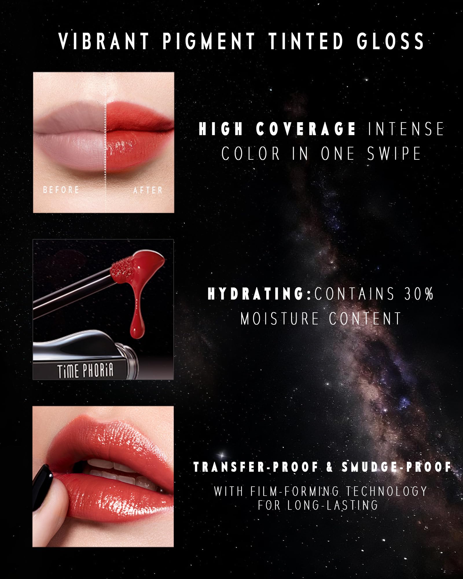 TIMEPHORIA Stellar Dust Lip Stain 09 Enigma moisturizing effect keeps lips hydrated.